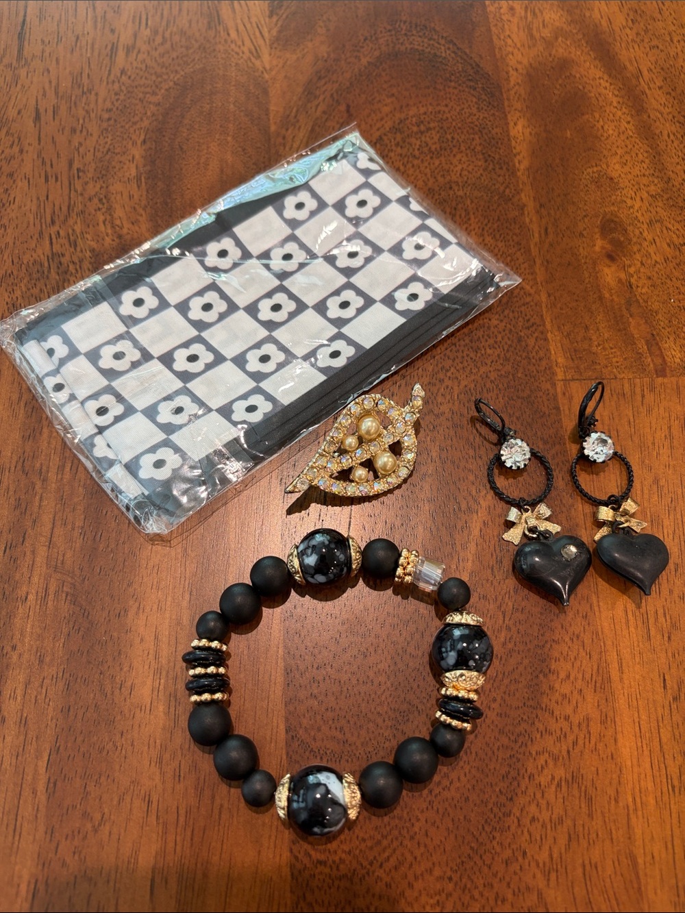 Hair/Purse Scarf/Black Beaded Stretch Bracelet with Gold Accents/Brooch/Earrings